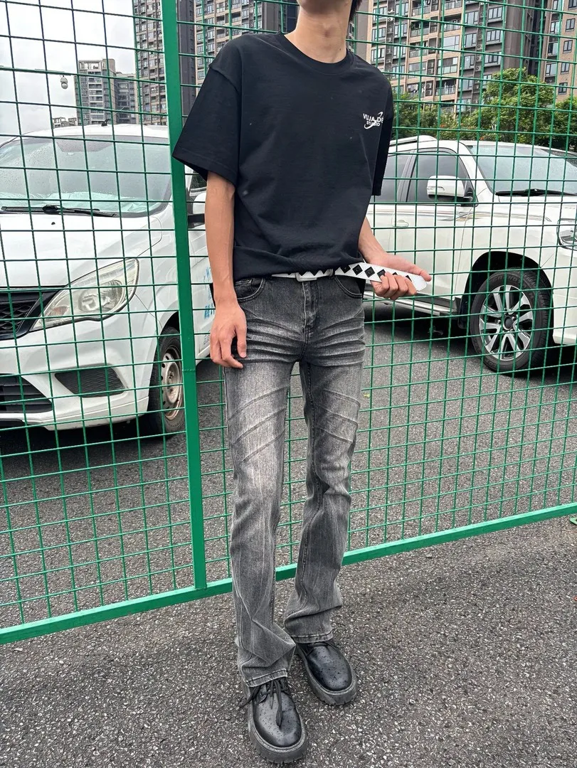 

Cleanfit Style Men's Jeans Black Washed Slim Fit Micro Flare High Street Vibe Elastic 517 Denim Pants Casual Wear Resistant D...