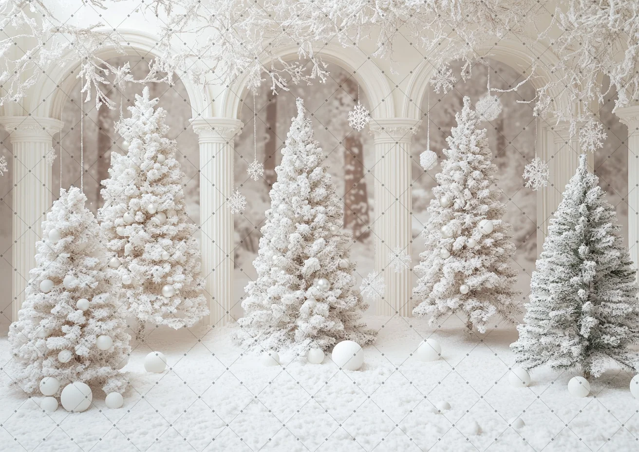 Pure White Palace Column Snow Christmas Tree Photography Backdrop Snowflake Scene Fabric For Kids Winter Holiday Studio Shoot