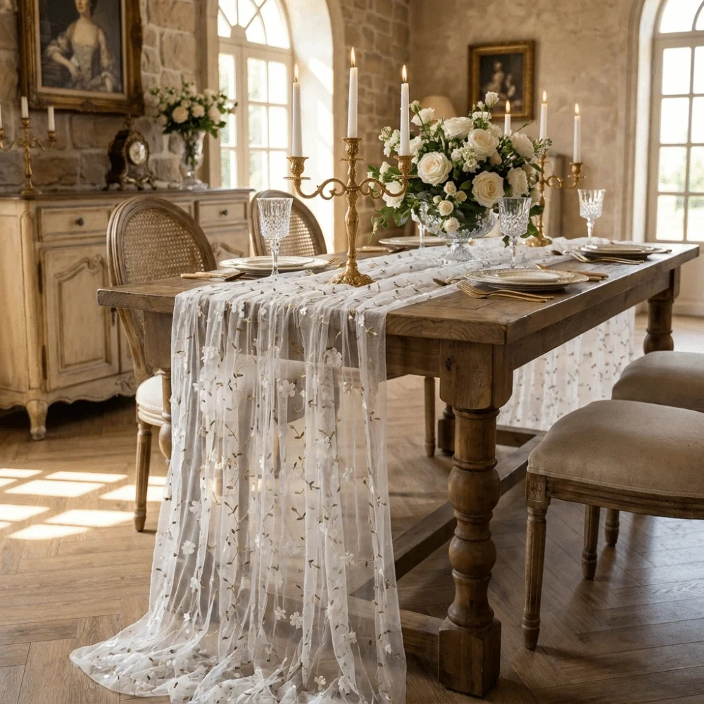 DIY Craft Semi-Transparent Tulle Table Runner French Style Romantic Embroidered Tablecloth Polyester Retro Table Flag Holiday