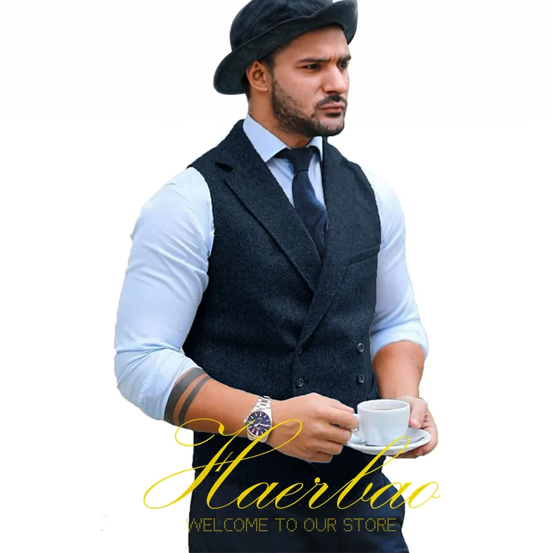 Navy Men\'s Herringbone Vest Double Breasted Sleeveless Jacket Formal Business Waistcoat Groom Vest chaleco hombre