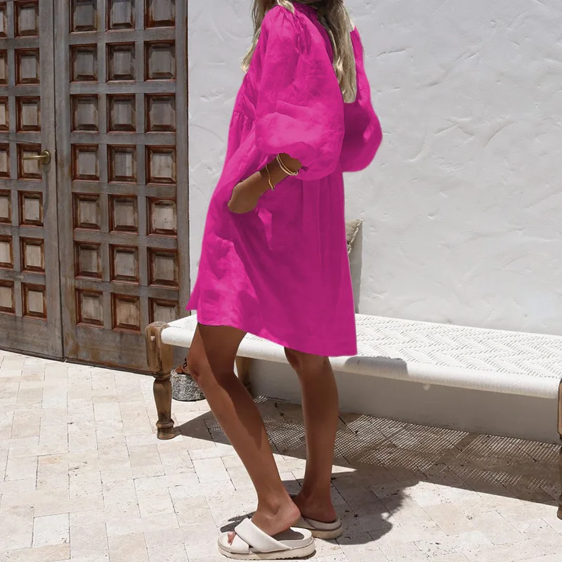 Mini vestidos para mulheres streetwear 2025 verão nova moda solta com decote em v manga bolha vestido cor sólida elegante saias curtas