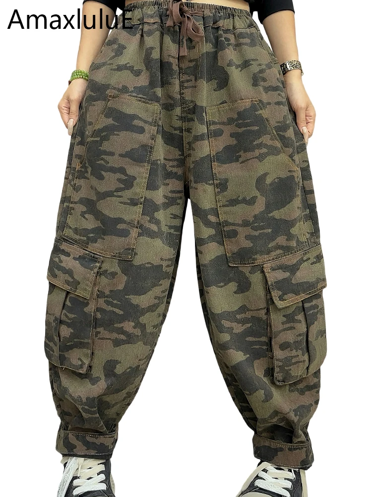 

Amax LuluE осенние женские винтажные камуфляжные джинсовые брюки модные свободные джинсы с принтом женские повседневные брюки-шаровары в стиле панк с эластичной резинкой на талии