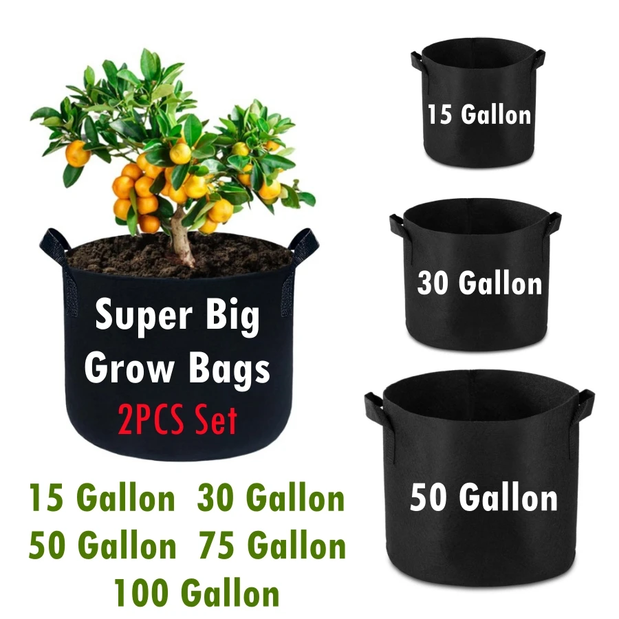 15-100 Gallons 2PCS Large Nonwoven Plant Grow Bags with Handles Heavy Duty Fabric Plant Pots Container For Flowers Fruit Trees