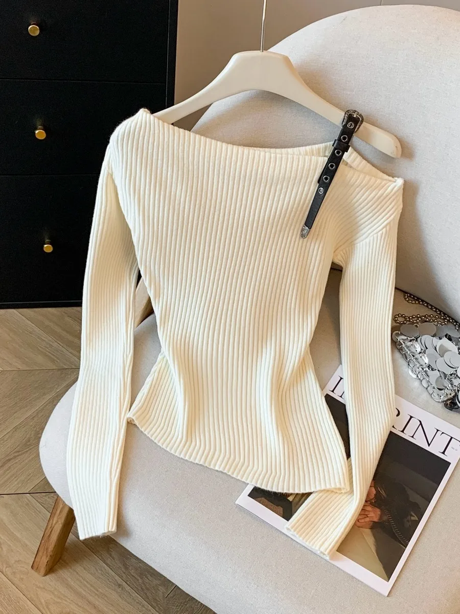 

Slim Fit Knitted Sweater Women's Faion oulder Belt Bule Sle Korean Version Long Sve Soft Material Casual Wear