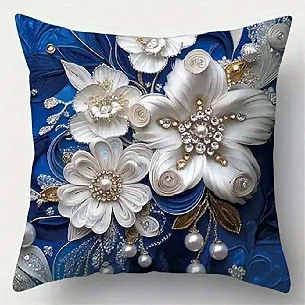 1-Piece Exquisite Blue Floral Pillow Cover, Durable Zipper Style, Home Decorative Cushion Cover