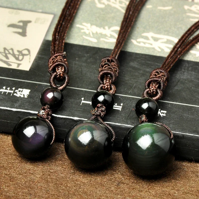 Natural Stone Rainbow Eye Obsidian Ball Pendant Single Bead Necklace Quartz Reiki Healing Lucky Guardian Charm Couple Jewelry