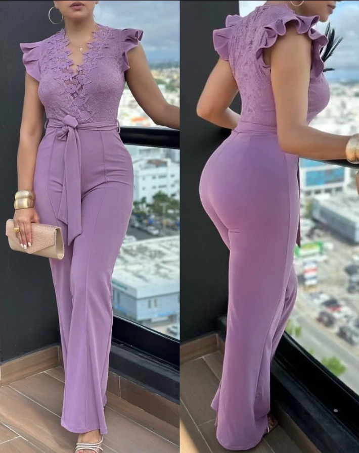 

V-Neck Scallop Lace Patch Bow Tie Jumpsuit Summer Women's Sexy Slim Fit Lace Patchwork Slim Fit High Waist Straight Leg Jumpsuit