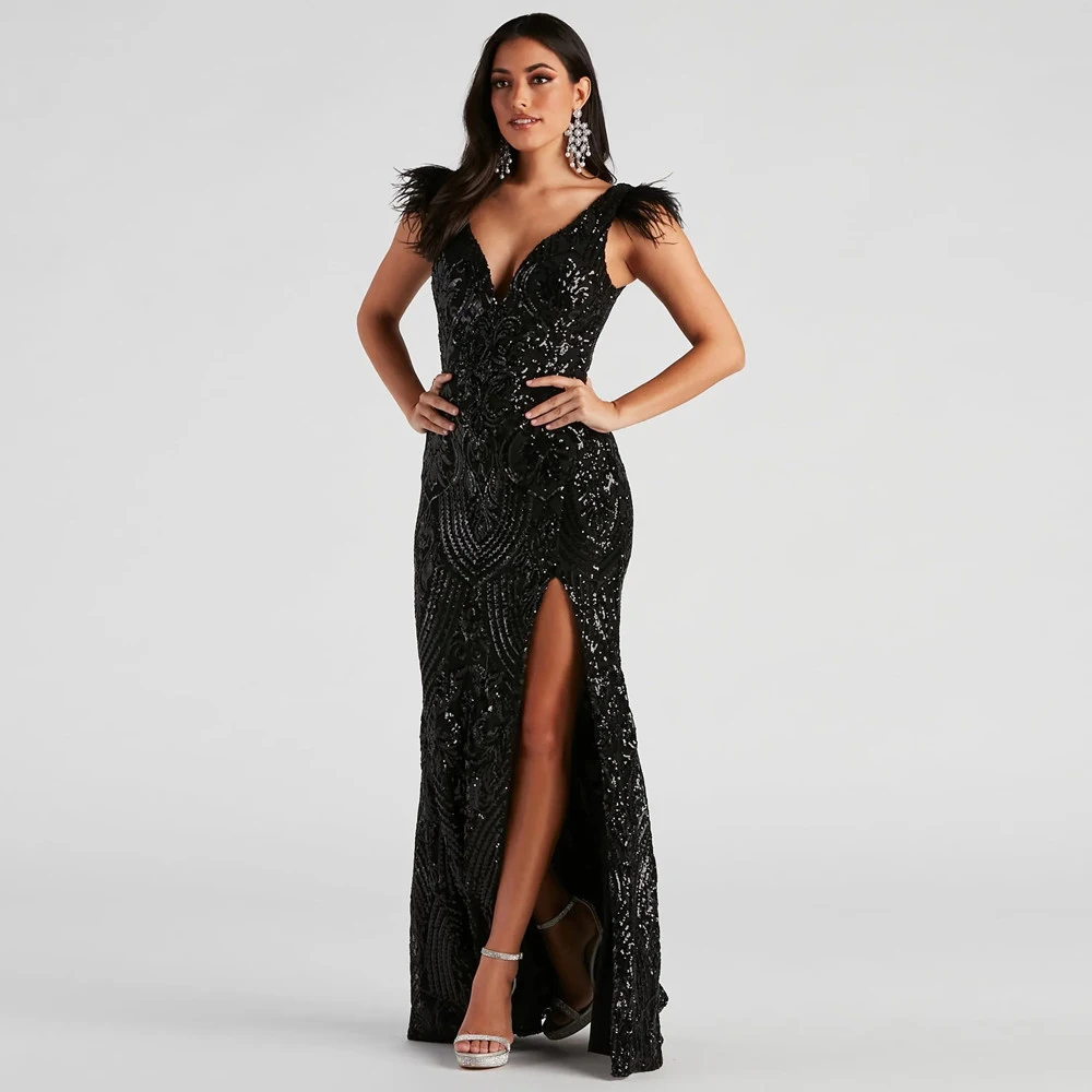 Long Black Mermaid 2024 Evening Dress With Feathers Side Split V Neck Exquisite Sequins Women Formal Gowns For Prom Dropshipping