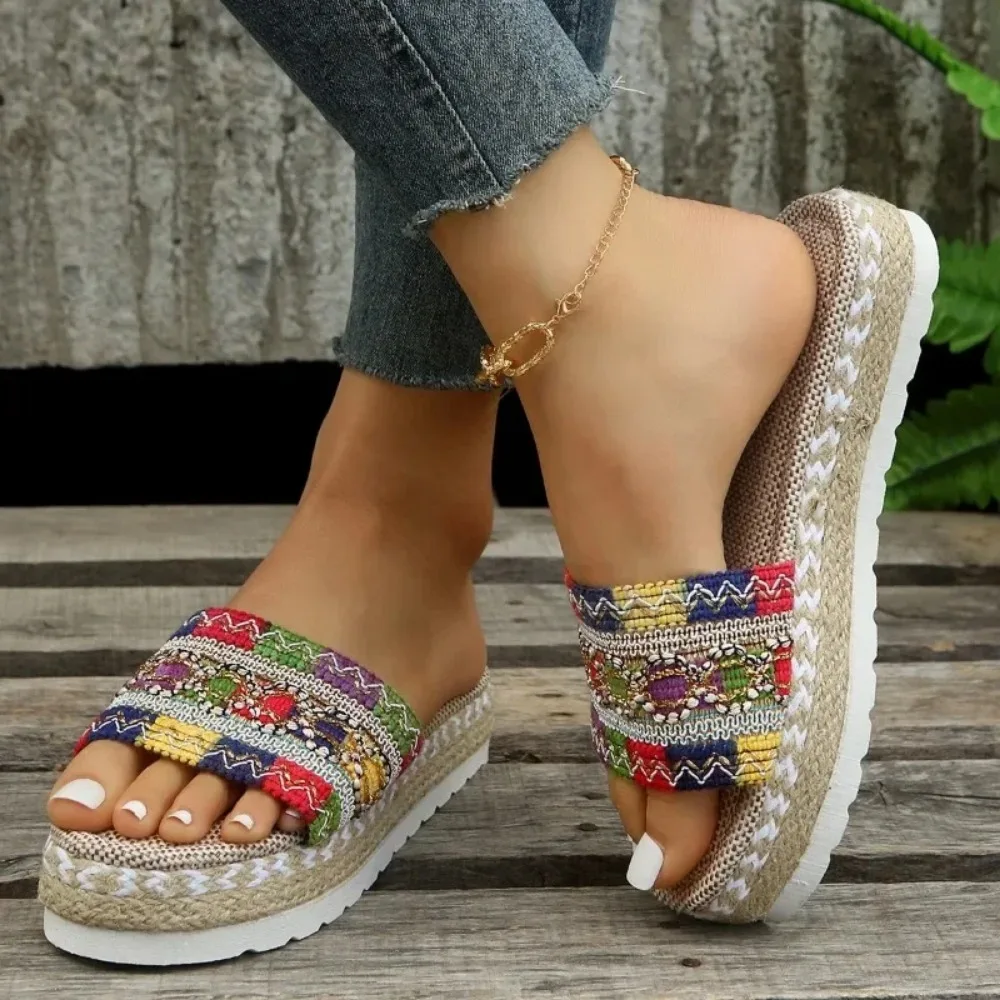 

Summer Ladies Slippers Outdoor Beach Sandals Bohemian Ethnic Style Handmade Espadrilles Platform Slippers Flip Flops Women