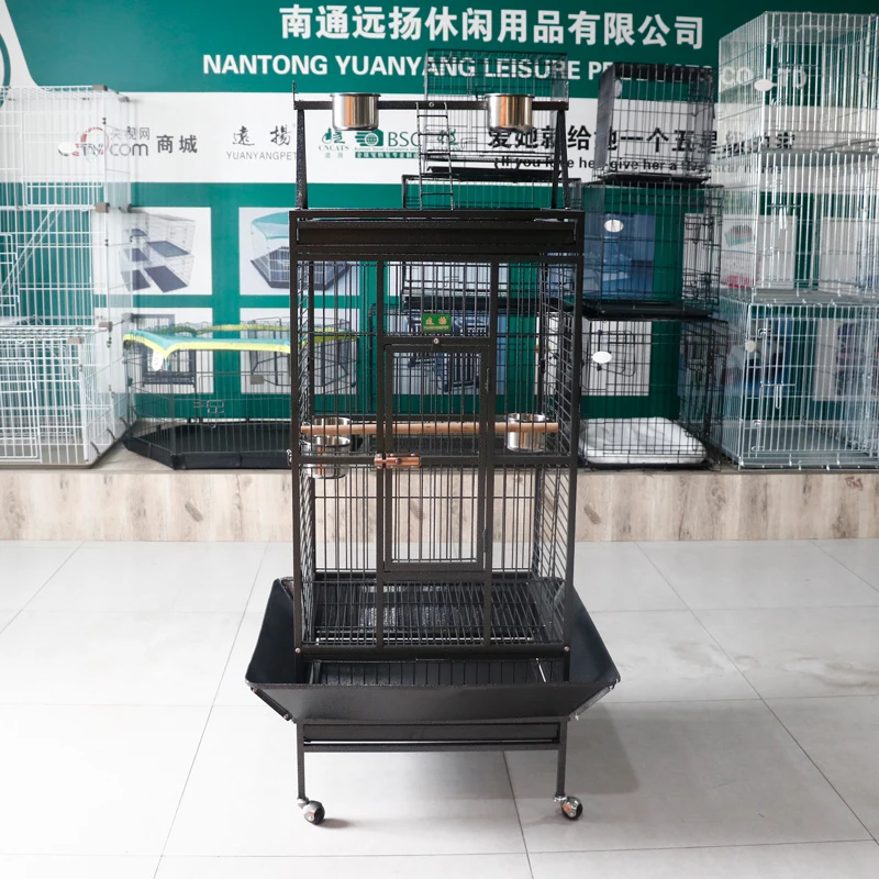China Manufacturer Large Metal Parrot Cage Black Strong Thick Iron Wire Reinforced Bird Cage Design With Easy Wheels