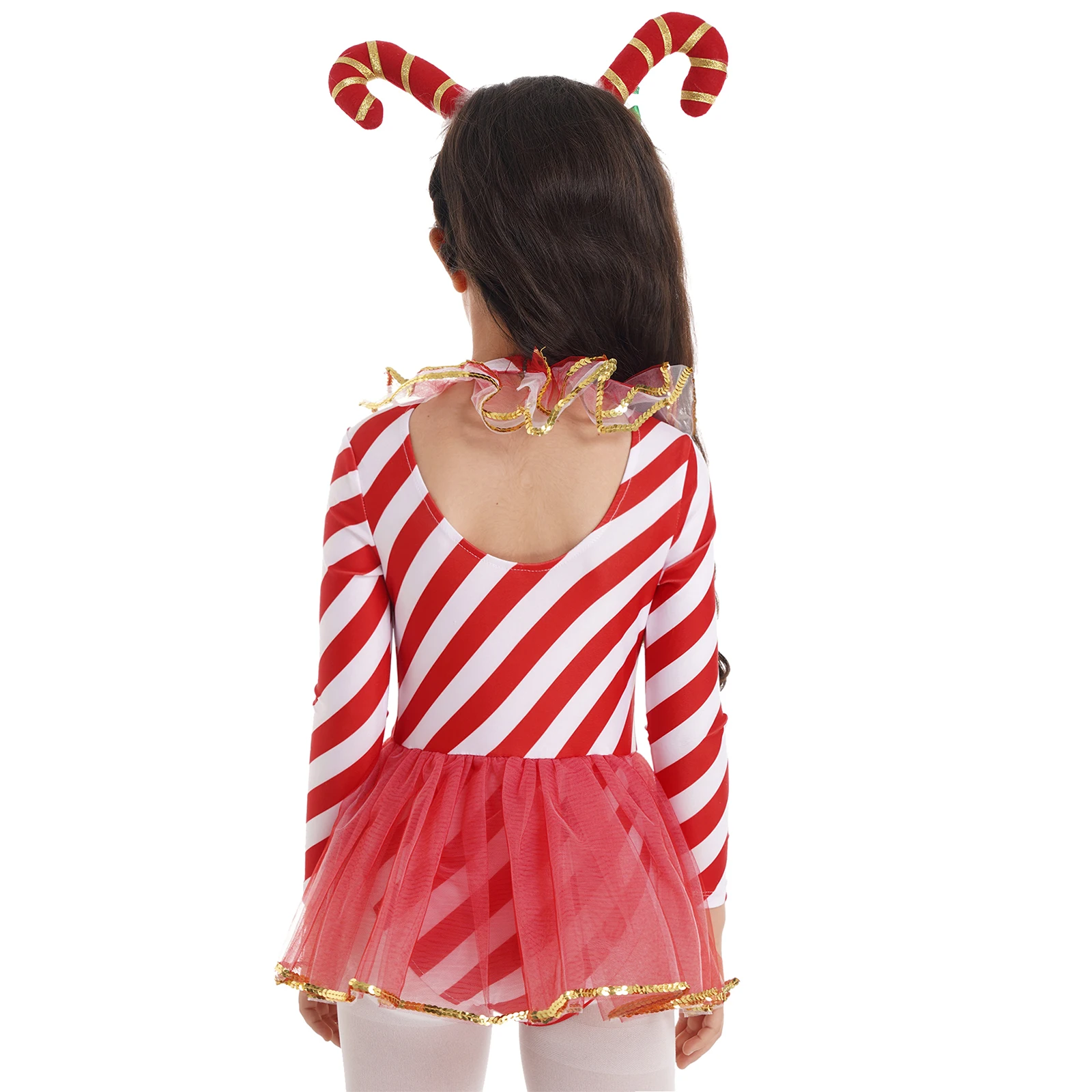 Red Kids Girls Christmas Costume Halter Neck Long Sleeves Open Upper Back Stripes Print Pompoms Sequins Mesh Jumpsuit Dress