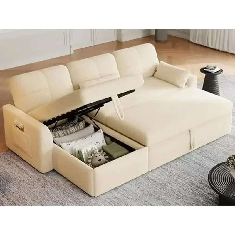 Convertible L-Shape Sectional Sofa Bed with Pull-Out Sleeper, Storage Chaise, Teddy Fleece Cover, High Rebound Cushions
