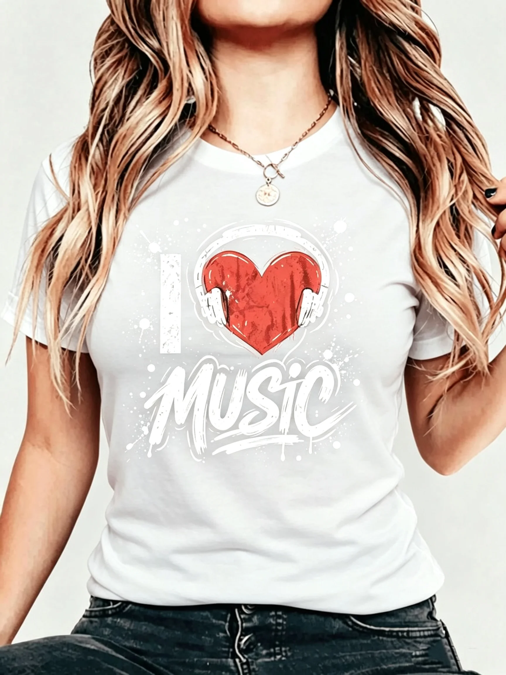 Music Lover T Shirt Women I Love Music Heart Print Casual Short Sleeve Top Trendy Retro Tee Splash Ink Art Daily Streetwear