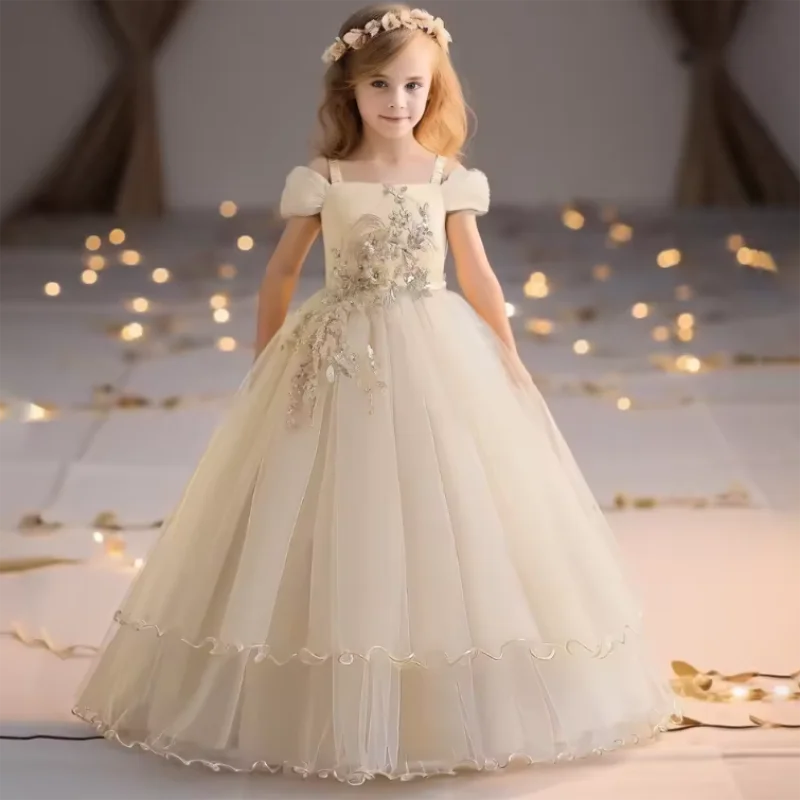 

Elegant Teenage Girls Party Prom Long Gown Kids Flower Birthday Wedding Princess Dress For Summer Off-Shoulder Clothes 5-14 Yrs