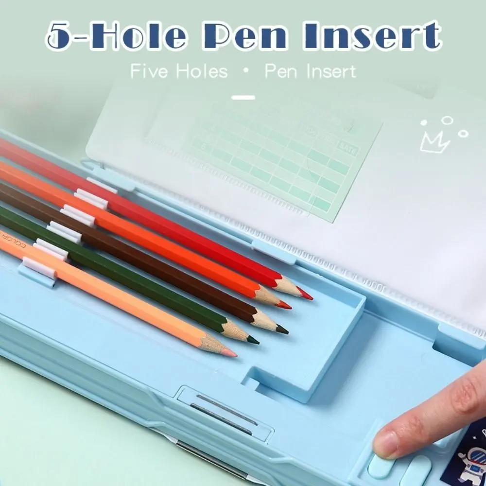 Double Layer Pencil Case With Calculator Pencil Sharpener Stationery Storage Box Astronaut/Animal Design Plastic