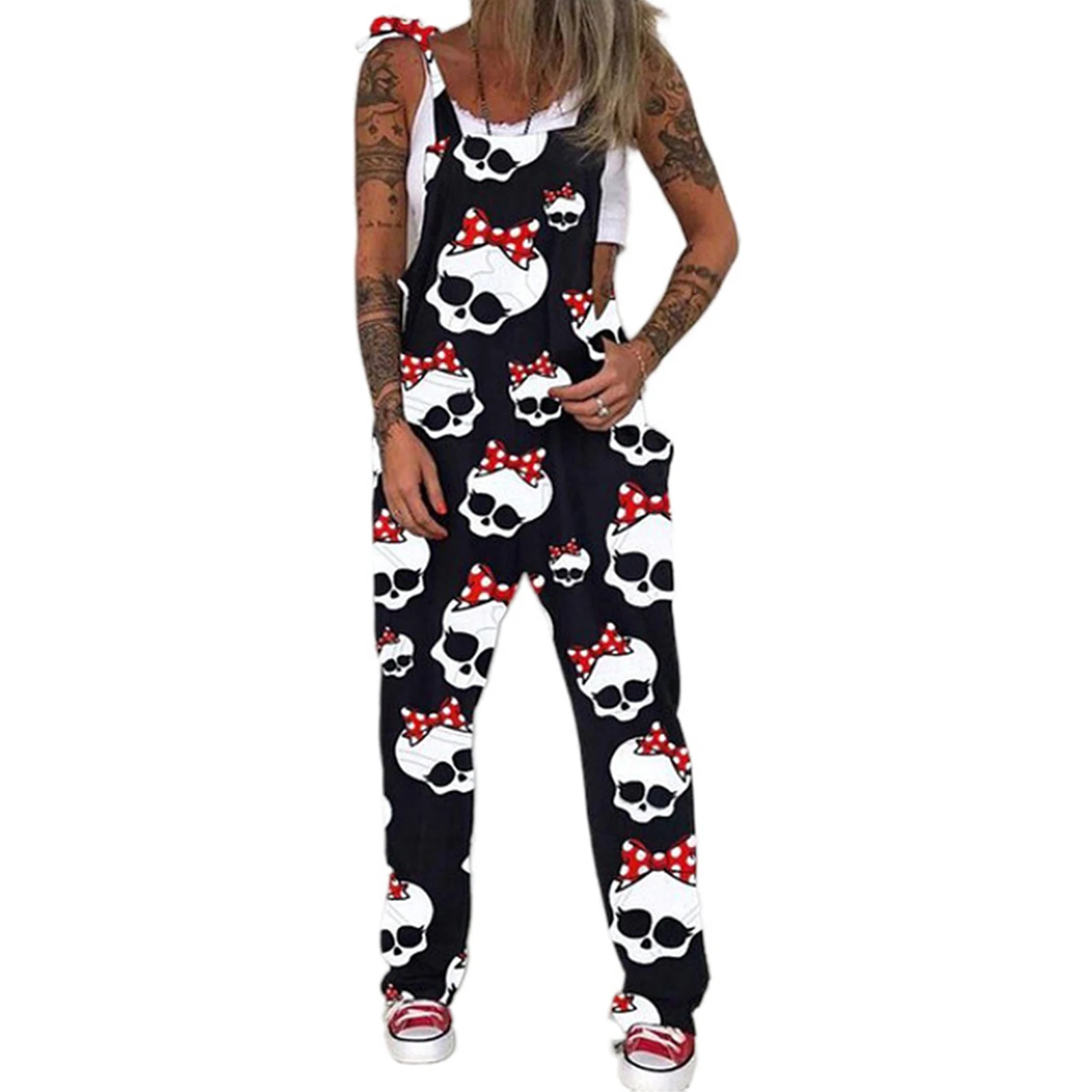 Women Spring And Autumn Loose Straight Leg Casual Jumpsuit Sleeveless Skull Black Cat Print Overalls High Street Overalls S-4XL