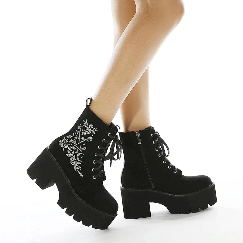 Fashion Flower Platform Boots Chunky Punk Suede Leather Womens Gothic Shoes Nightclub Lace Up Back Zipper High Quality