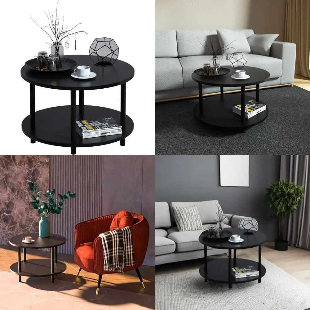 

Compact 23.5 Black Wooden 2-Tier Coffee Table with Open Storage for Small Living Spaces, Metal Legs, Modern Design