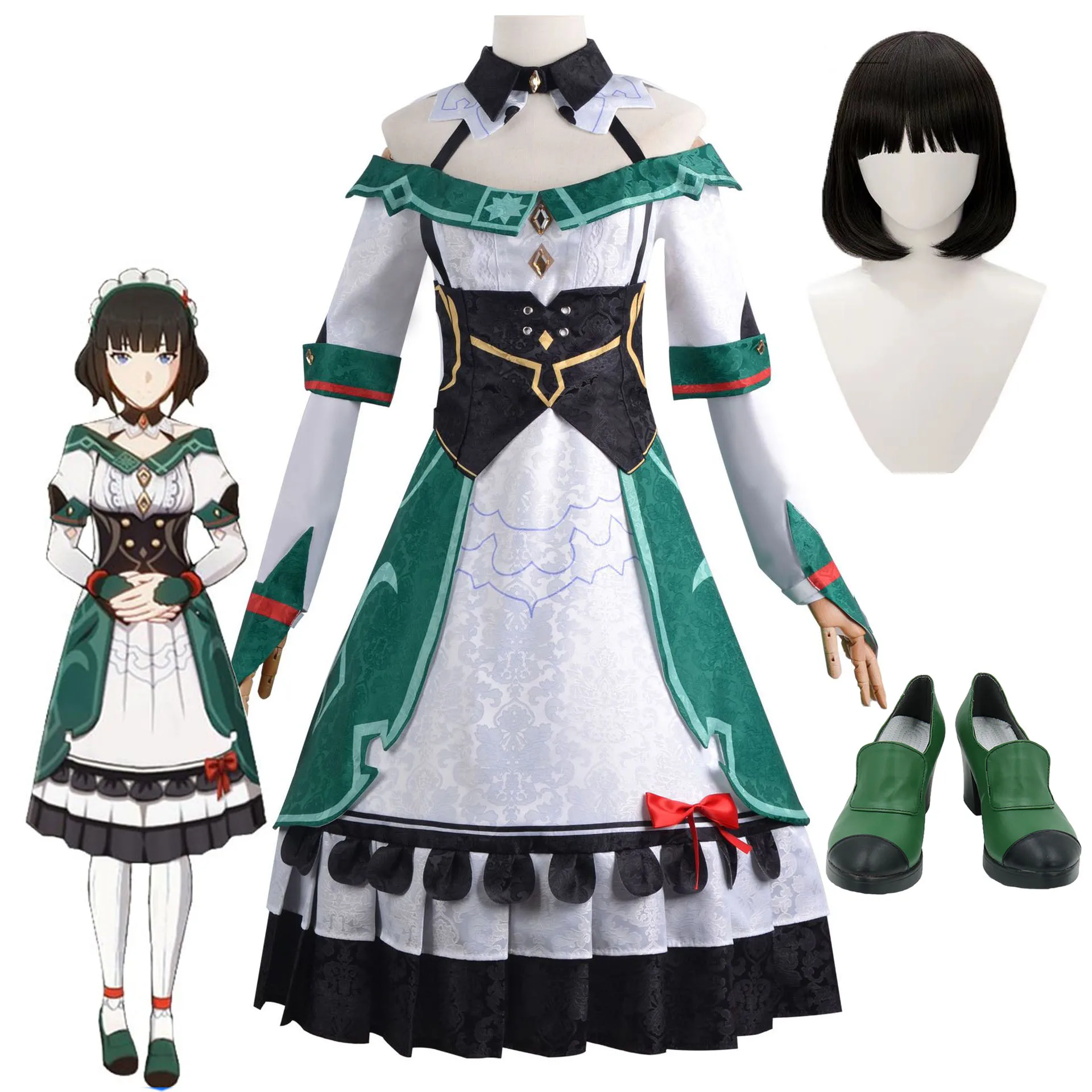 

Genshin Impact Cosplay Costume Katheryne Game Anime Clothes Christmas Dress Maid Outfit Black Wig Carnival Party Costumes Wigs