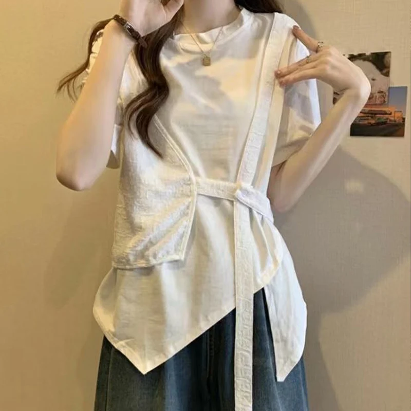 Large Size Pure Cotton Short Sleeved Fake Two Piece T-shirt for Women's Summer New Medium Length Slim Waist Irregular Split Top