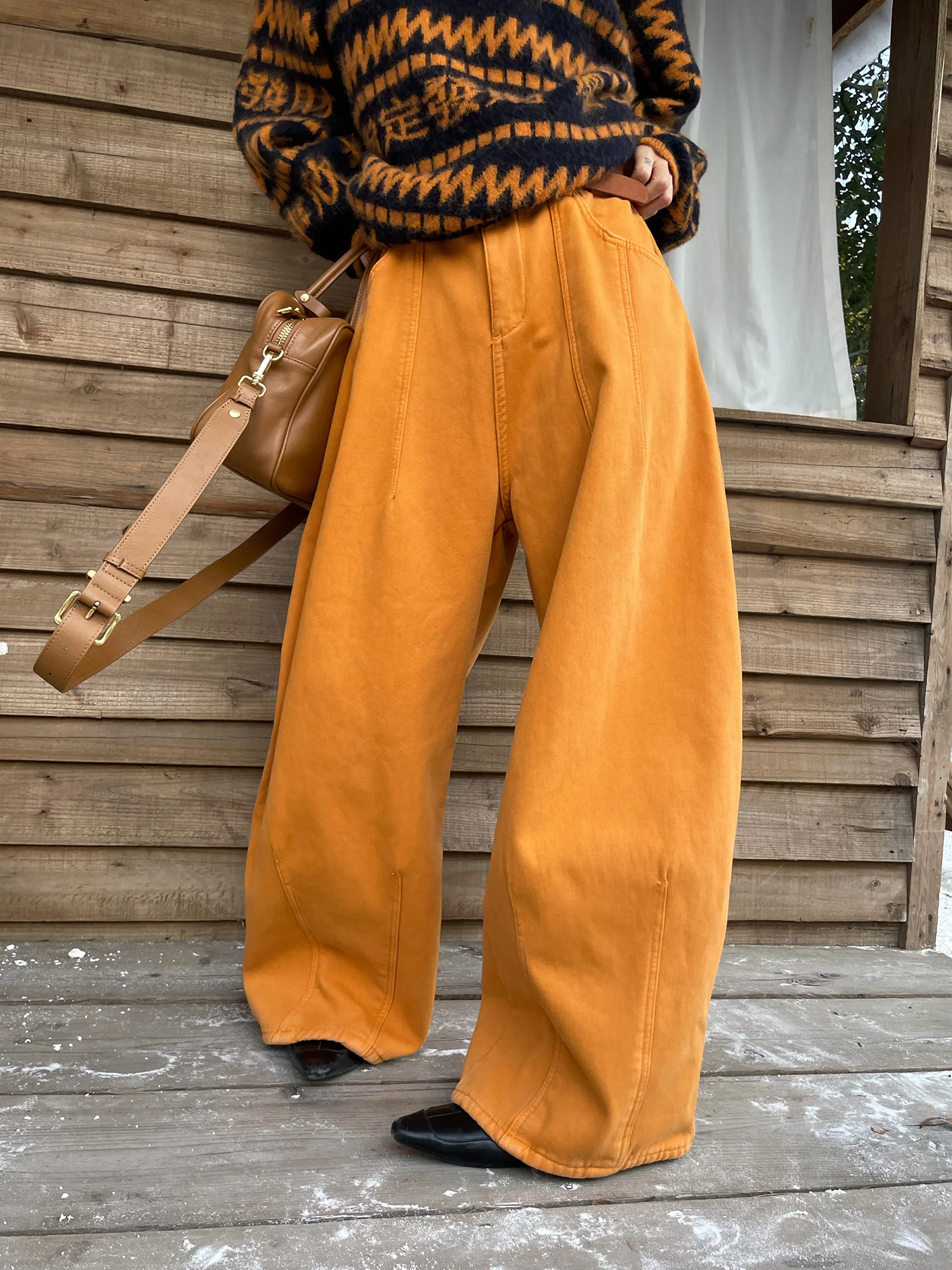 

JCCC adow Retro Dopane Orange Fce Lined Wide Leg Loose Slimming Denim Jeans Women's High Waist Long Cotton Pants