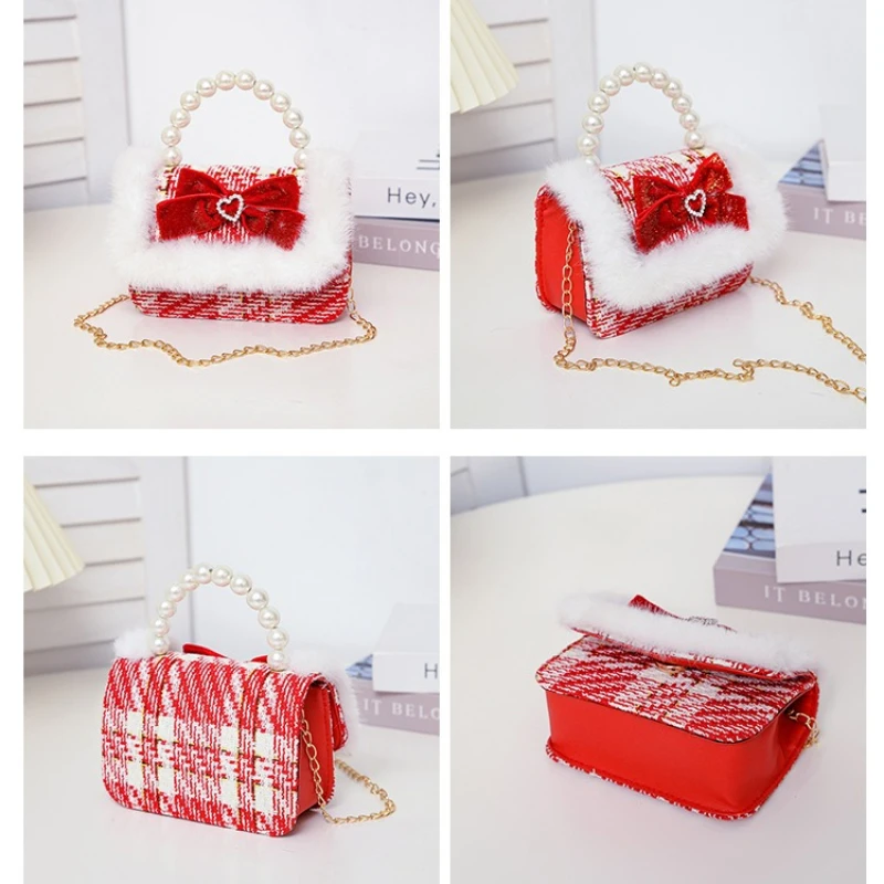 حقائب كتف مربعة صغيرة حمراء للأطفال بفيونكة حلوة لعطلة الشتاء وحقائب هدايا للفتيات الصغيرات بمقبض لؤلؤي وحقيبة ساعي الأميرة
