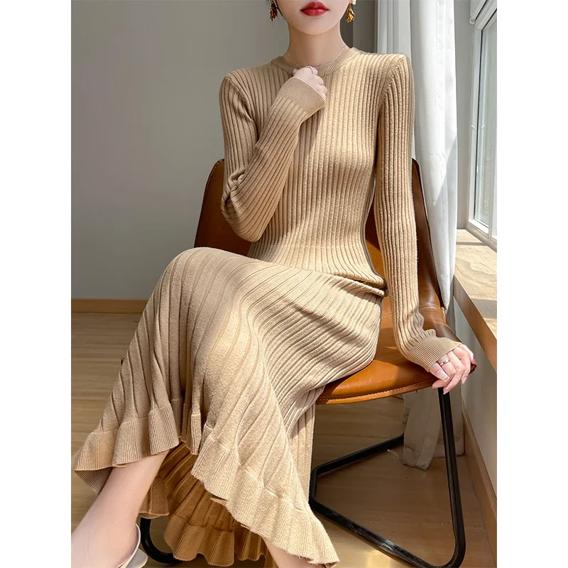 French Retro Round Neck Knitted Dress Women's Pullover Autumn And Winter New Style Slim Fit Sweater Long Sleeved Knitted Skirt