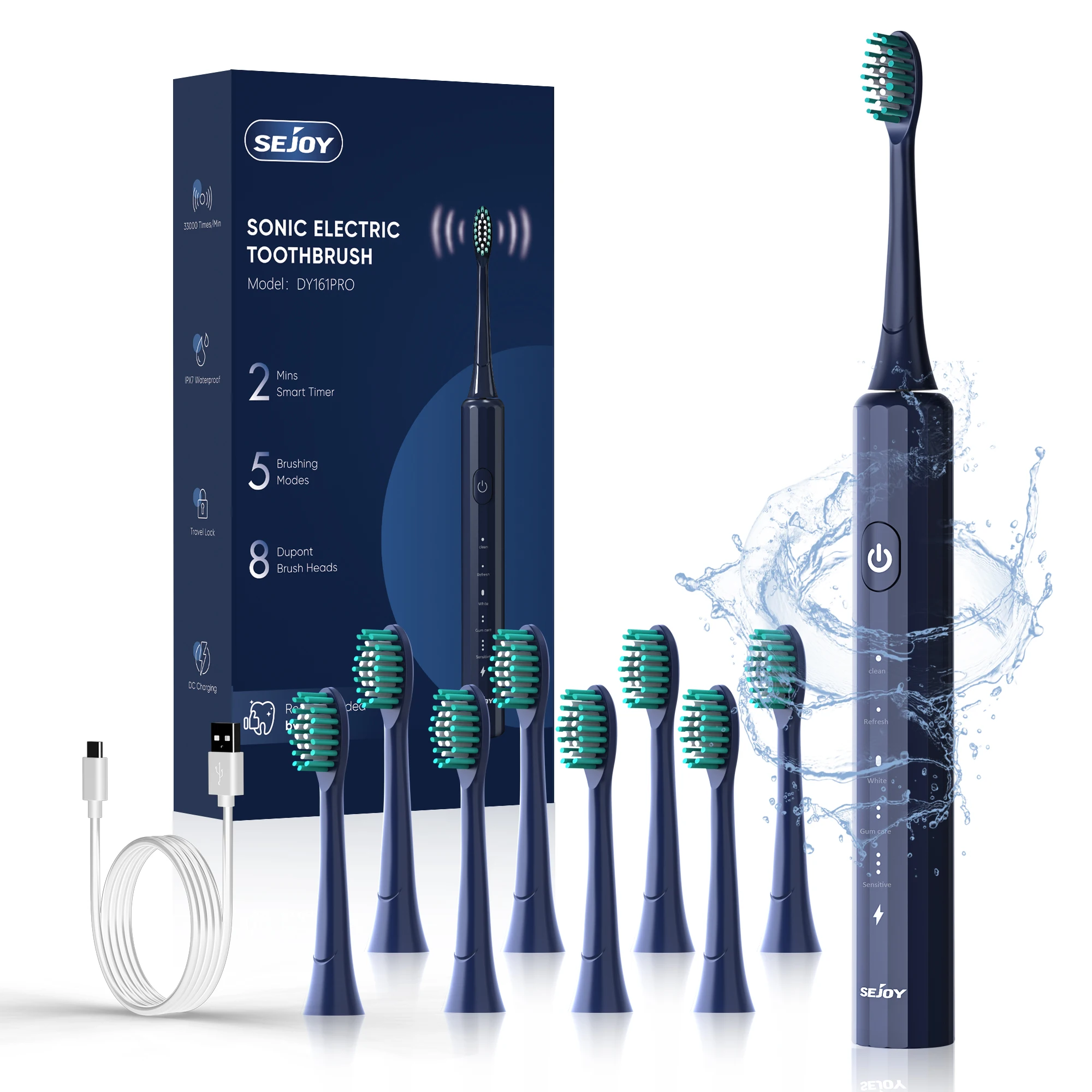 Sejoy Electric Toothbrush Rechargeable With 8PCS Replacement Head 5 Modes Teeth Clean Whitening Sonic Smart Timing Tooth Brush