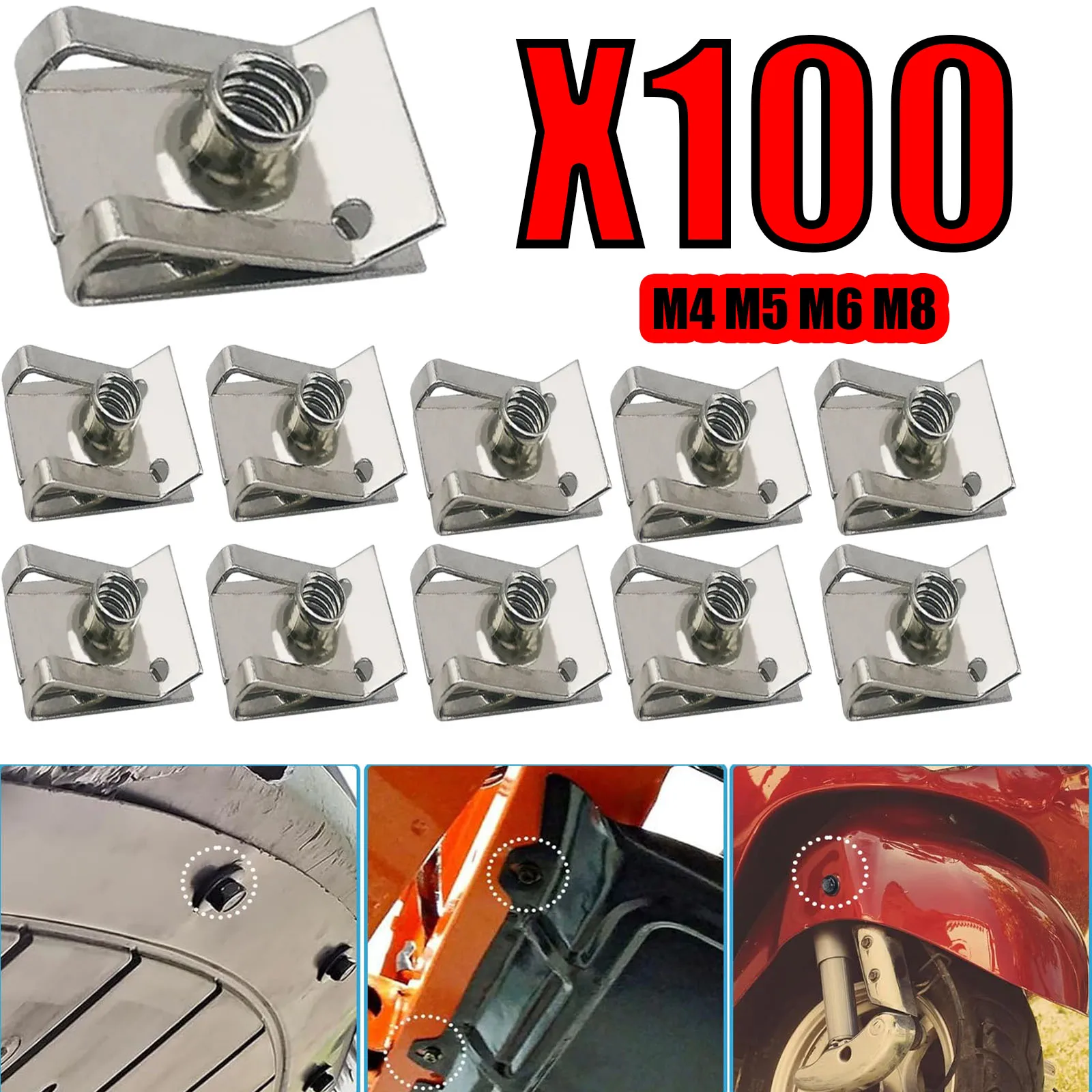 30-100 Piezas de Clips Tipo U de Acero Inoxidable M6 M5 M4 M8 con Rosca y Tuercas de 8/6/5/4 MM para Fijación en Autos, Motos y Scooters