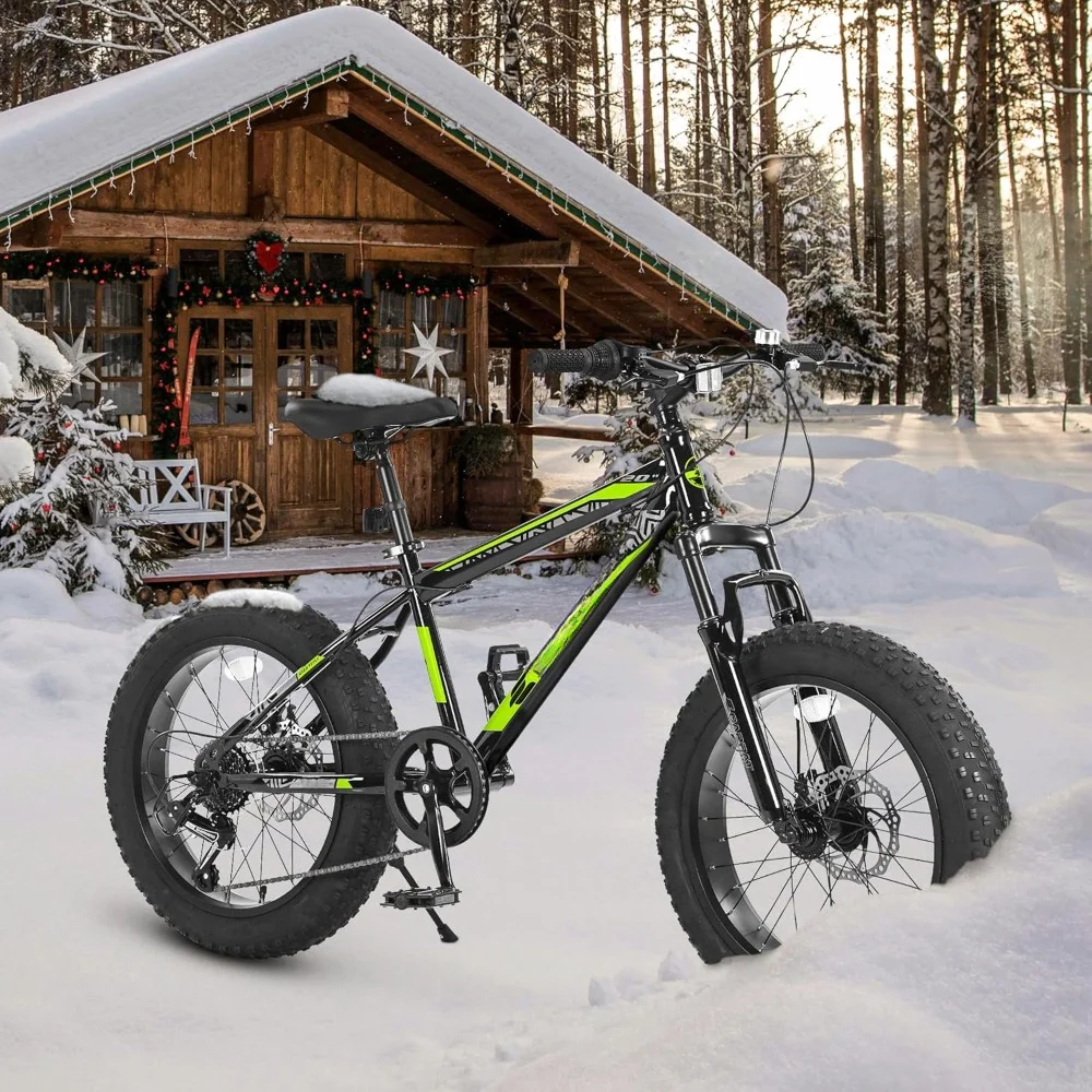 20 inch mountain bike, wide fat tire snow mountain bike, men's women's bike, steel frame disc brake front suspension