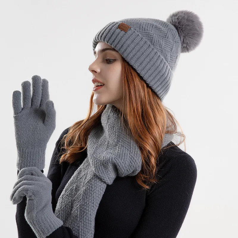 Phụ Nữ Mùa Đông Nón Len Bộ Ấm Nữ Skullies Beanies Dễ Thương Pompon Dày Nón Trượt Tuyết Nắp Kèm Khăn Choàng Và Găng Tay