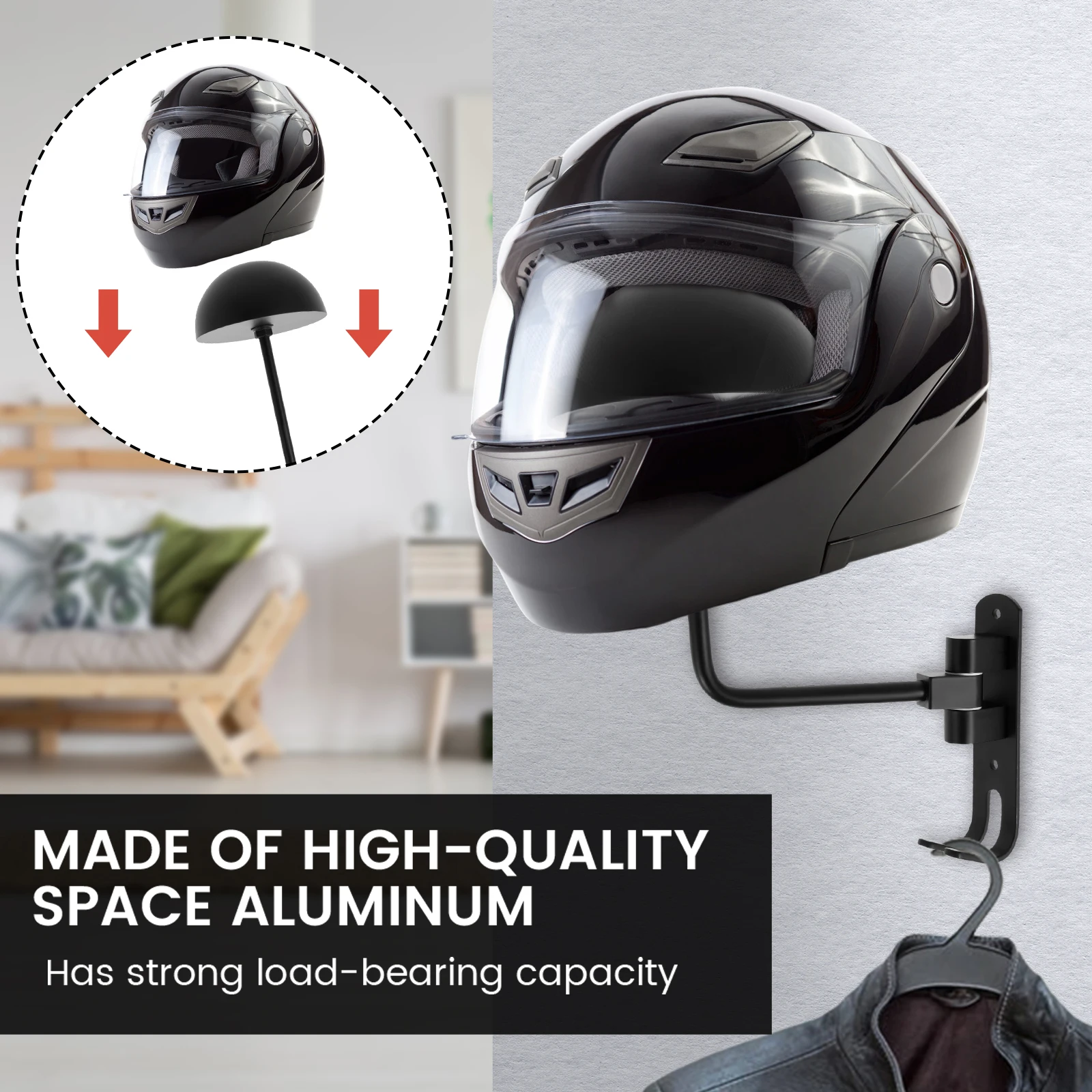 180°Motorcycle Helmet Rack,Rotation Metal Helmet Holder Wall Mounted Helmet Rack Motorcycle 2 Hooks Helmet Hanger Motorcycle Bike Coats Caps Baseball