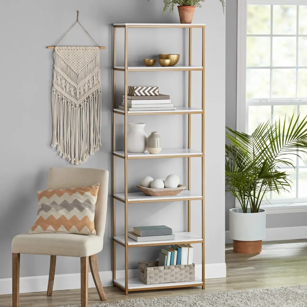 

Mainstays 6-Shelf Gold Metal Frame Bookcase, NEW