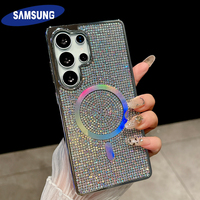 Plating Glitter Rhinestone Magnetic Mirror For Magsafe Case Samsung S25 S24 S23 Ultra S25 Plus Diamond Wireless Charging Cover
