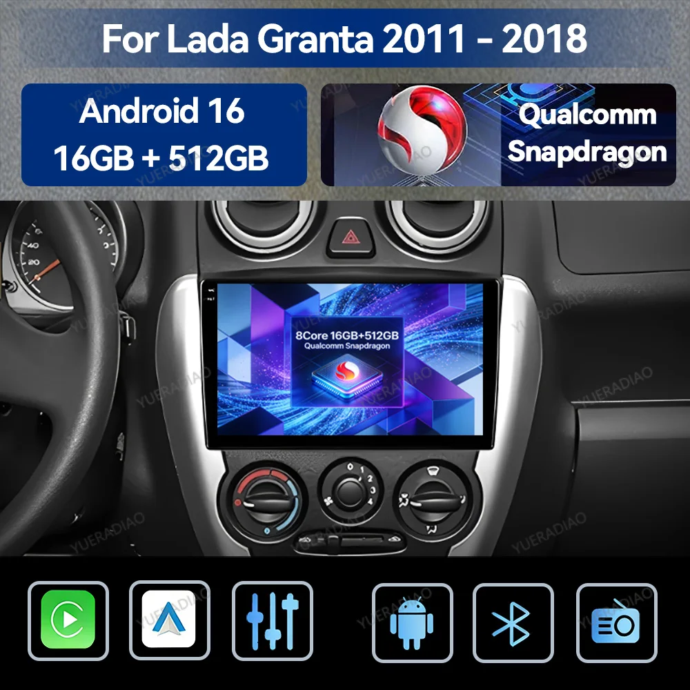 Android 16 Carplay Auto For LADA Granta Sport 2011 - 2018 Head Unit Multimedia Video Player 4G LTE 5G WIFI Qualcomm QLED BT 2DIN