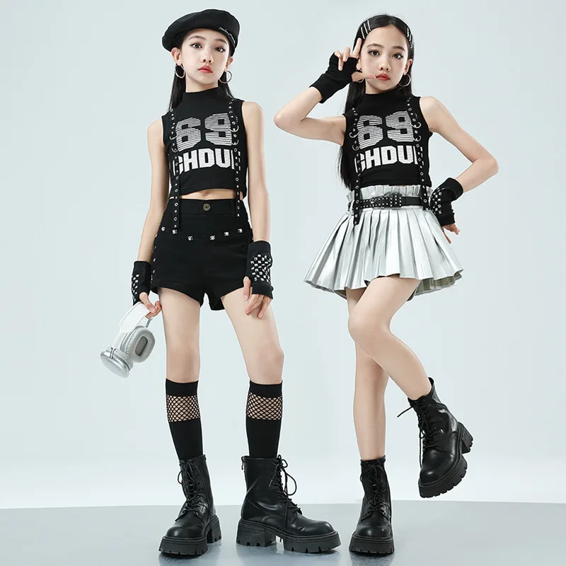 

Girls Jazz Dance Clothes Black Vest Red Plaid Skirt Kids Hip Hop Suit Kids Cheerleading Performance Outfits Kpop Stage Costumes