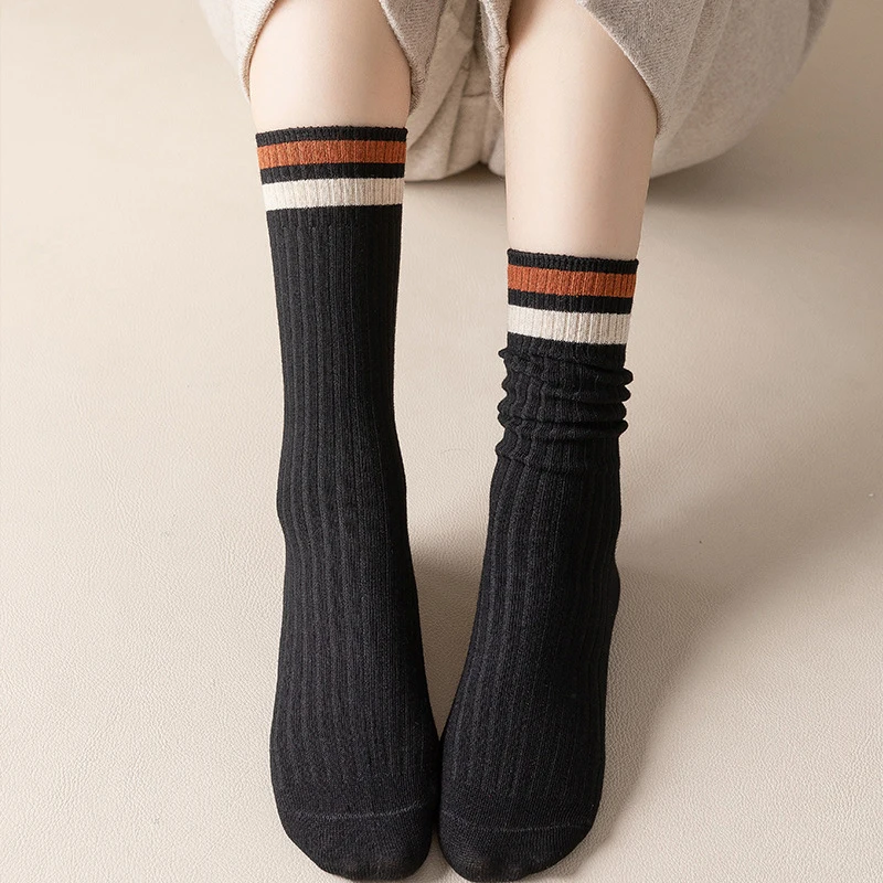 Calcetines largos térmicos de estilo japonés para mujer, medias gruesas y cálidas a rayas naranjas, estilo Harajuku Vintage, para la escuela, Otoño e Invierno