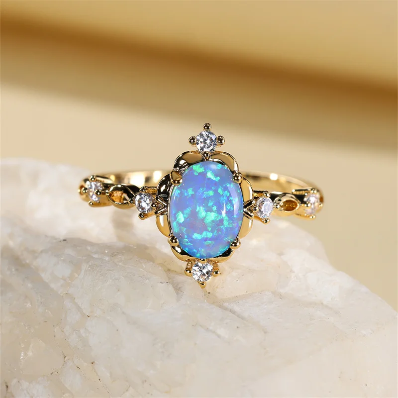 Oval Cut Mystic Blue White Fire Opal Rings For Women Gold Color Charm Rainbow Birthstone Wedding Bands Bridal Engagement Ring CZ