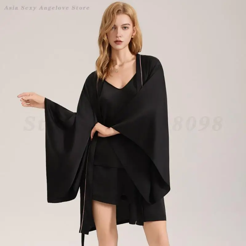 Three Pieces Pajamas Set Black Robe Sleepwear Women Satin Bathrobe with Suspender Sling&Shorts Summer Home Clothes Loungewear