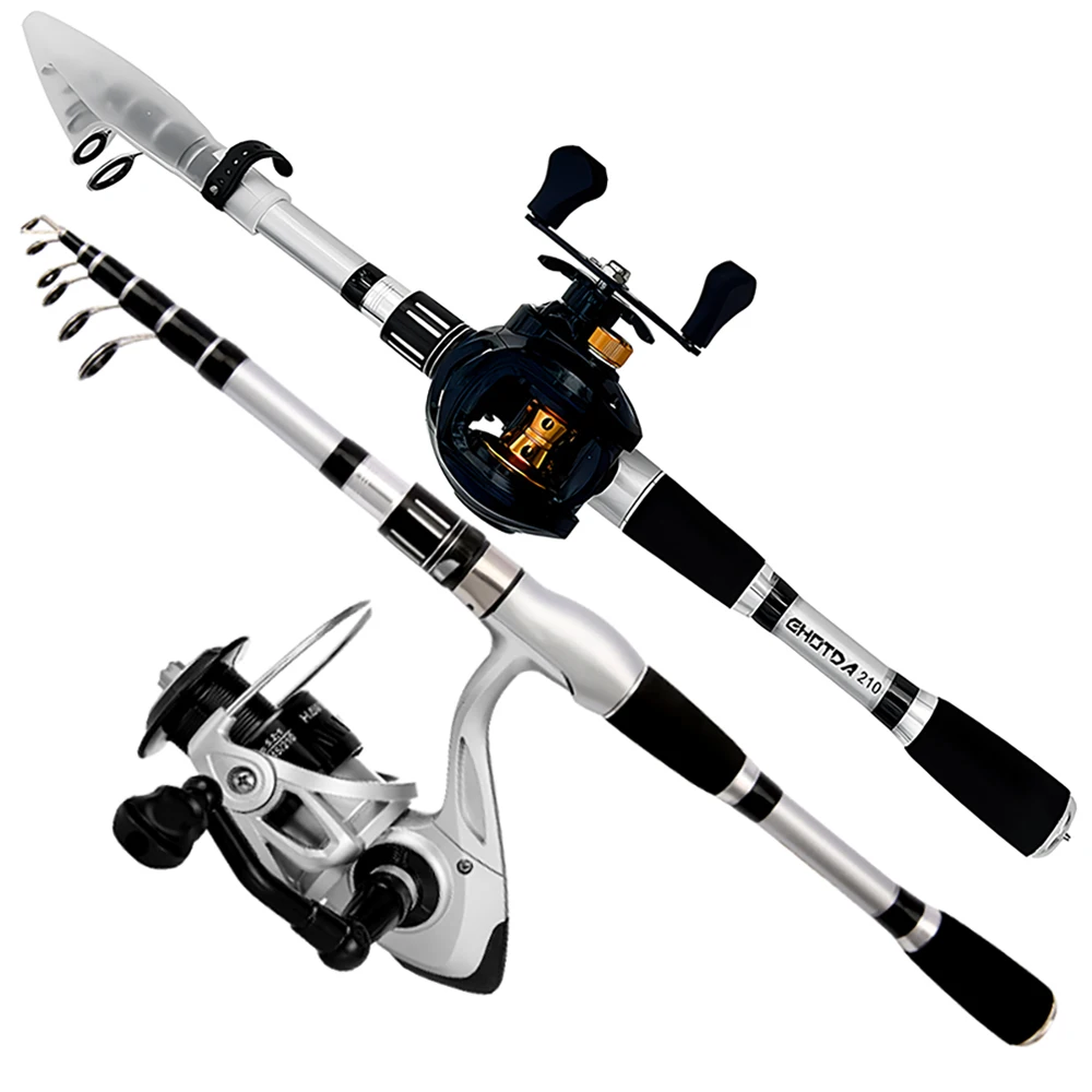 1.5-2.4m Carbon Fiber Fishing Rod+Reel Combo 5.2:1 7.2:1 Gear Ratio Metal Spool Hard Telescopic Lure Pole for Ocean Boat/Rock