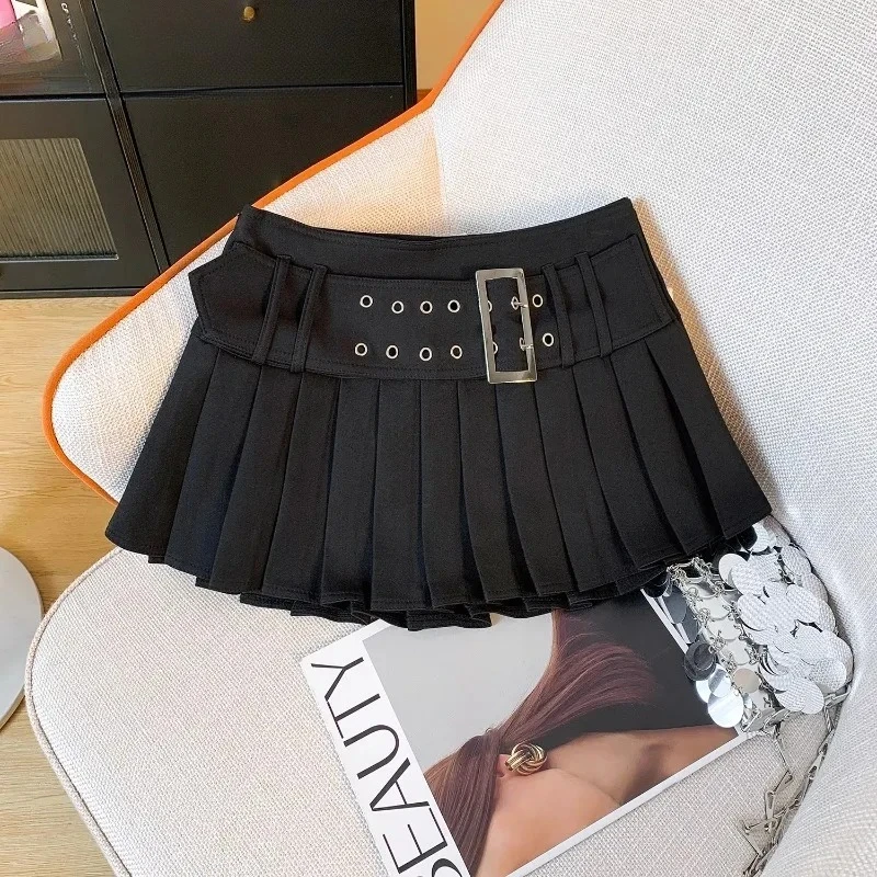 

Retro Spice Girl Low Waist Pleated Short Skirt Women's Summer Solid Color Sweet Versatile A Word Anti-light Mini Skirts