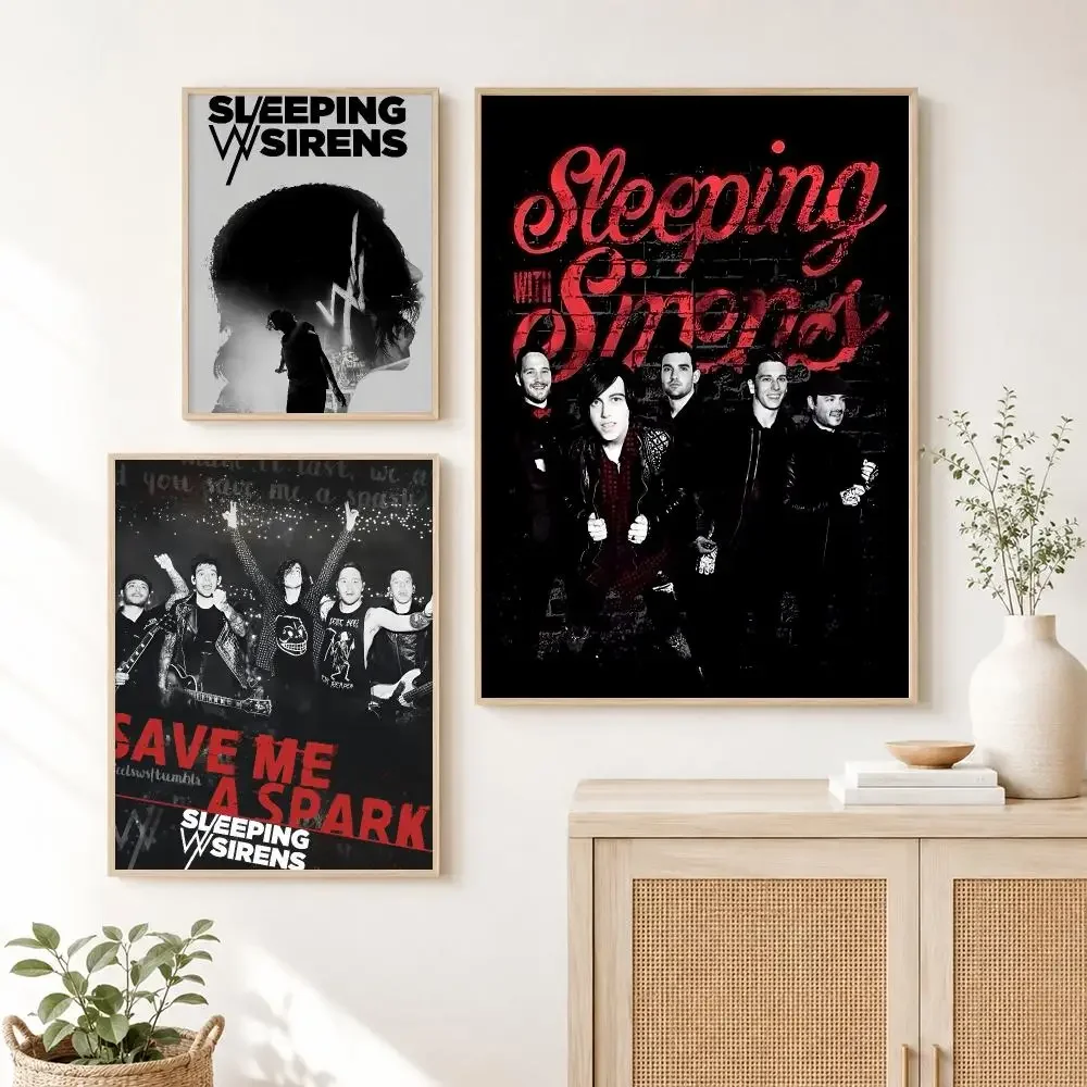 Hot Anime Emo Pop American Band S-Sleeping with Sirens Poster Self Adhesive Wall Art Decor for Bedroom Living Room Office Home