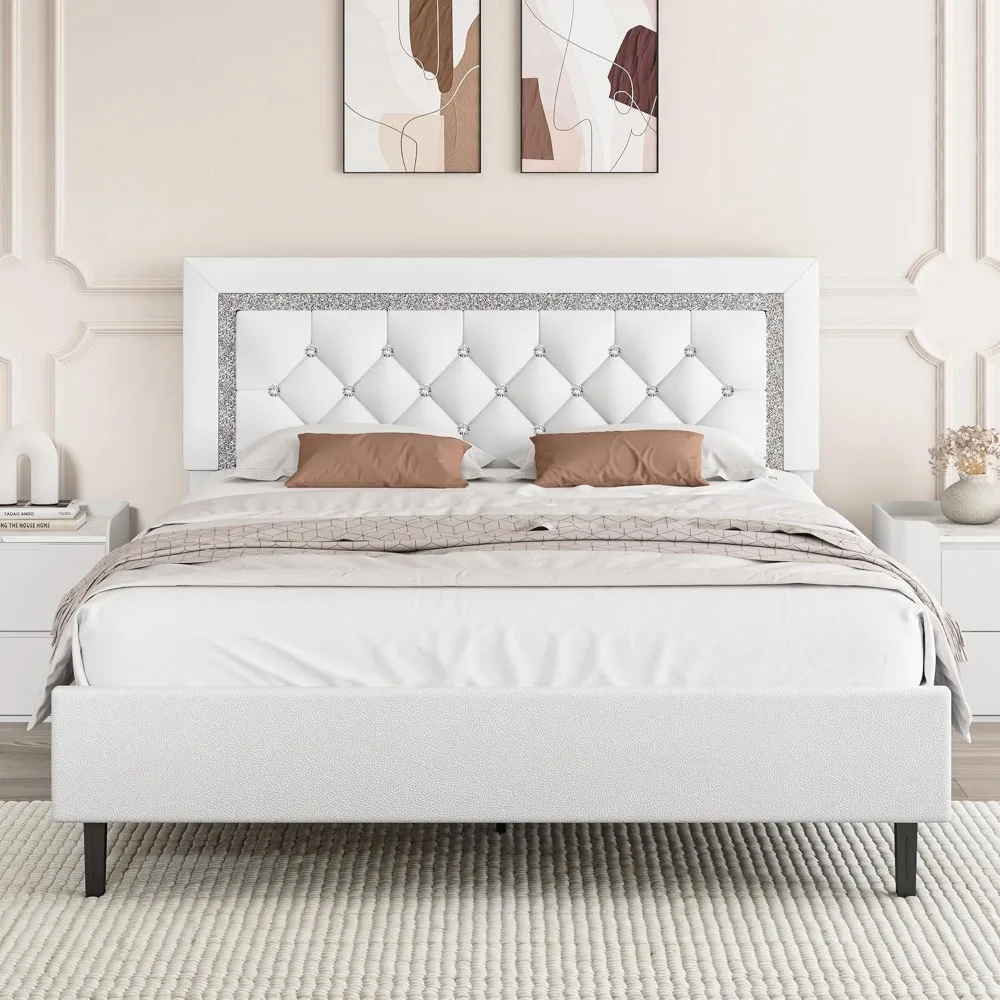 Full Size Bed Frame with Tufted Button Headboard, Upholstered Platform Bed Frame with Diamond Design, Wood Slat Support, No Box
