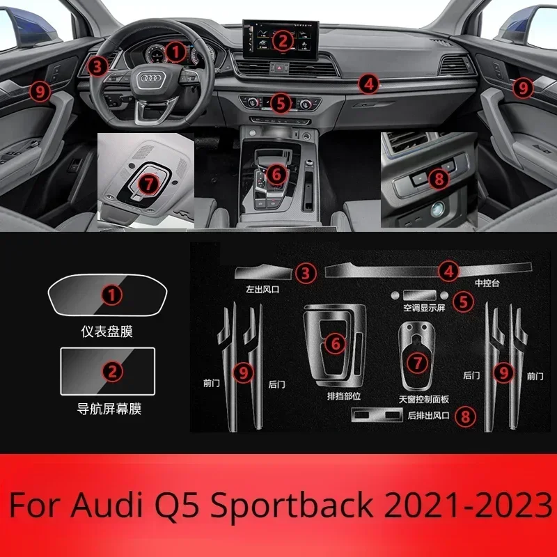 For Audi Q5 Sportback 2023 2022 2021 Accessories interior film transparent TPU Gear Panel Center Console PPF Protection Sticker