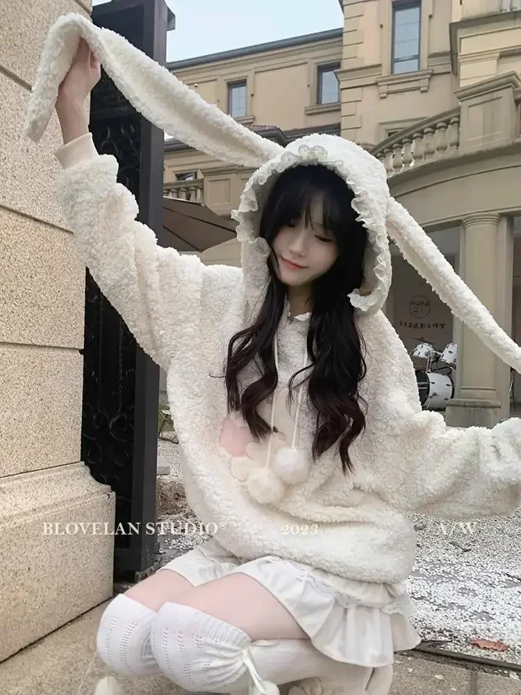 Sudaderas con capucha de conejito Kawaii para mujer, jerséis de lana de cordero Cutecore japonés, sudaderas cálidas de lana para invierno, sudaderas holgadas y suaves para chica