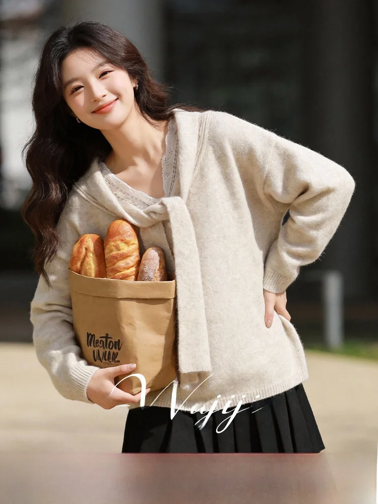 

Вязаный свитер с эффектом похудения, кружевными вставками и воротником-стойкой для женщин, повседневный, свободного кроя, с длинными рукавами, из утолщенного хлопка