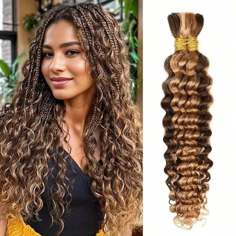 

P4/27# Balayage Deep Wave Human Hair 12A Bulk Braiding Hair For Boho Braids 50g/1 Bundle Wet And Wavy No Weft Hair Extensions