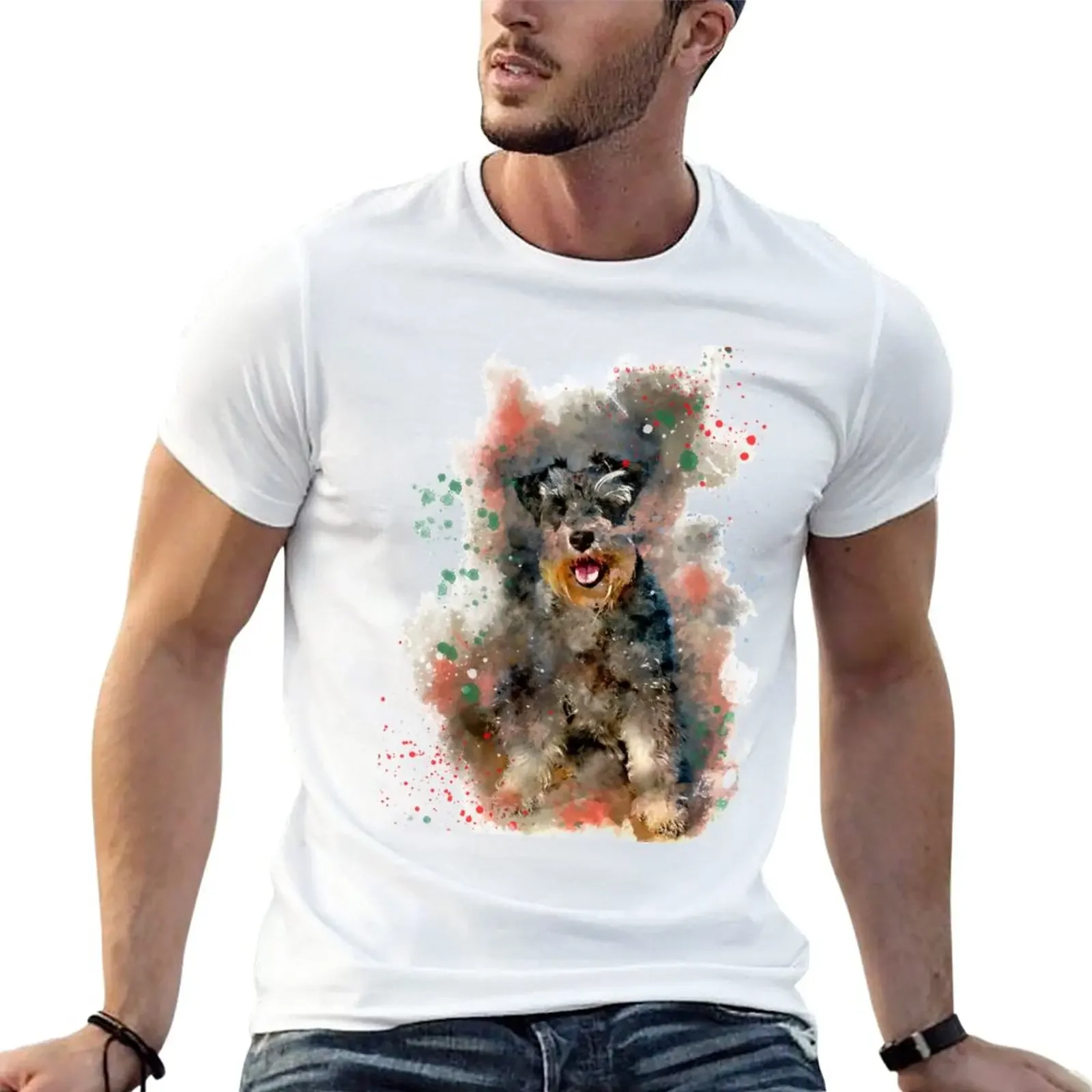 Miniature schnauzer, watercolor Miniature schnauzer T-Shirt anime korean fashion anime clothes black t shirts for men