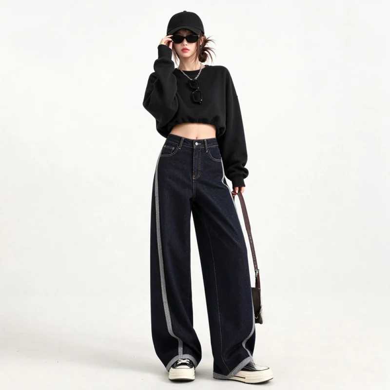 QICHE 2026 Autumn Women Jean Trousers, American High Waist Wide Leg Straight Draping Floor Length Loose Hide Flaws Denim Pants