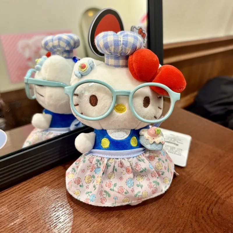 Uroczy Kreskówkowy Okulary Hello Kitty Dziewczyna Spódniczka Breloczek DIY Ręcznie Robiony Kwiat Kucharz Czapka Pluszowa Lalka Breloczek Zawieszka do Torby Zabawka Prezent